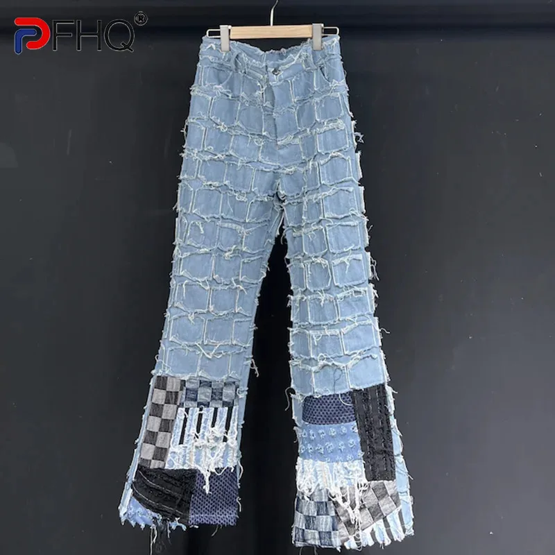 

PFHQ Men's Patchwork Denim Pants Tide Autumn High Waist Versatile Straight Avant-garde Wearproof Versatile Jeans Trendy 21Z2597