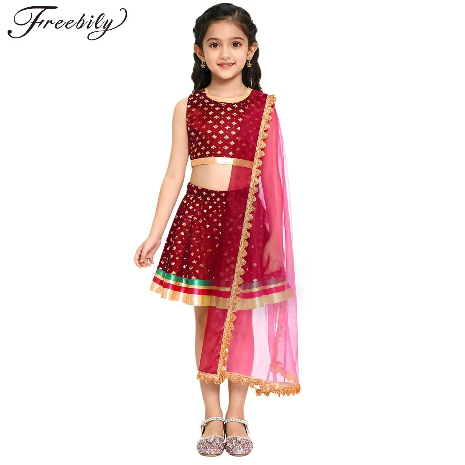 Disfraz étnico tradicional indio para fiesta temática de Carnaval de Halloween para niñas, traje Lehenga Choli con estampado metálico, Top corto con falda
