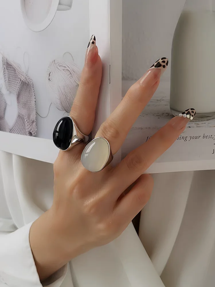 Brass Natural Stone Egg Charm Solid Rings Women  Jewelry Punk Designer Club Cocktail  Party Boho Japan Korean image 3