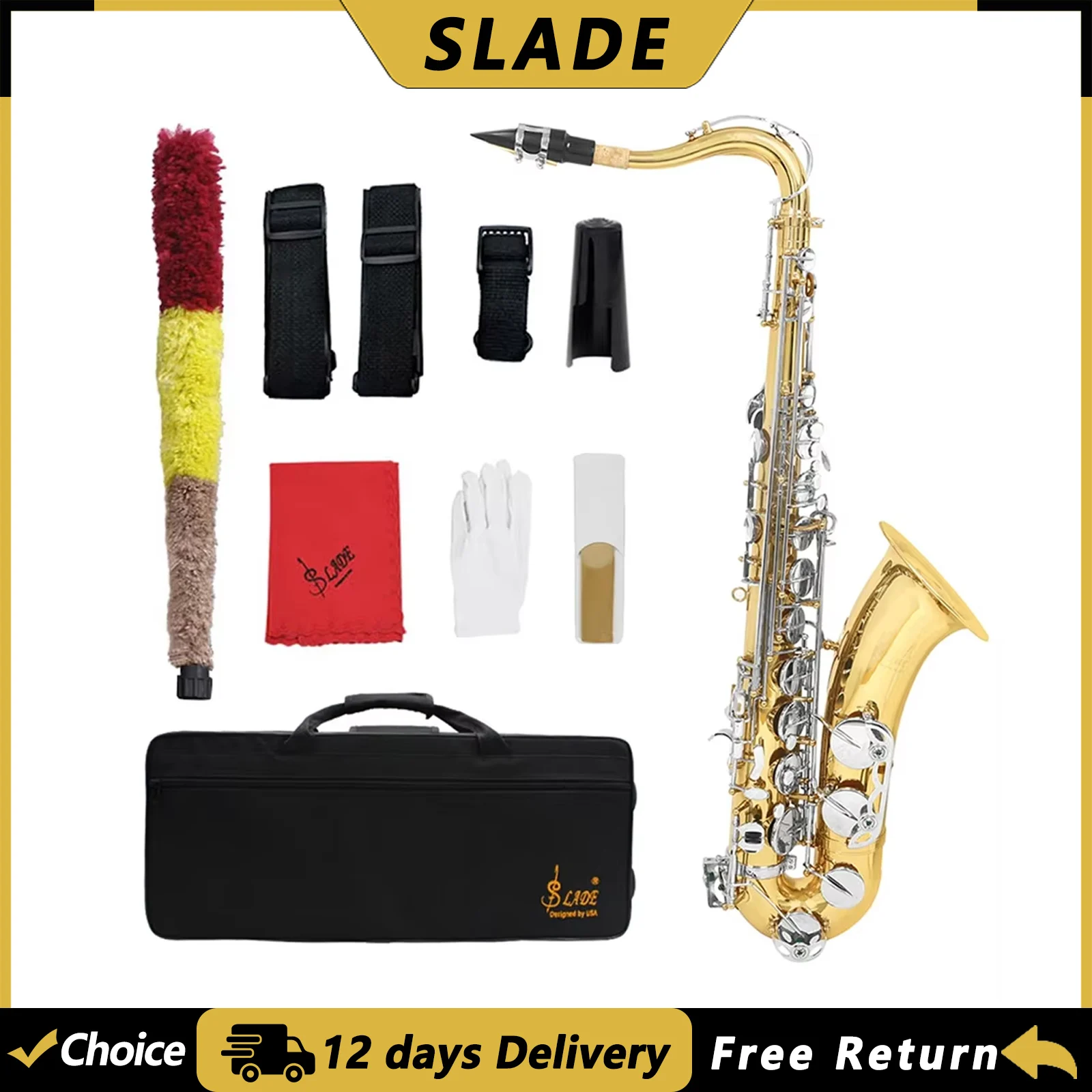 SLADE WT978 Tenor Saxophone Brass Body Sax Golden Silver Bb Saxofone Woodwind Instrument with Case Reeds Gloves Accessories
