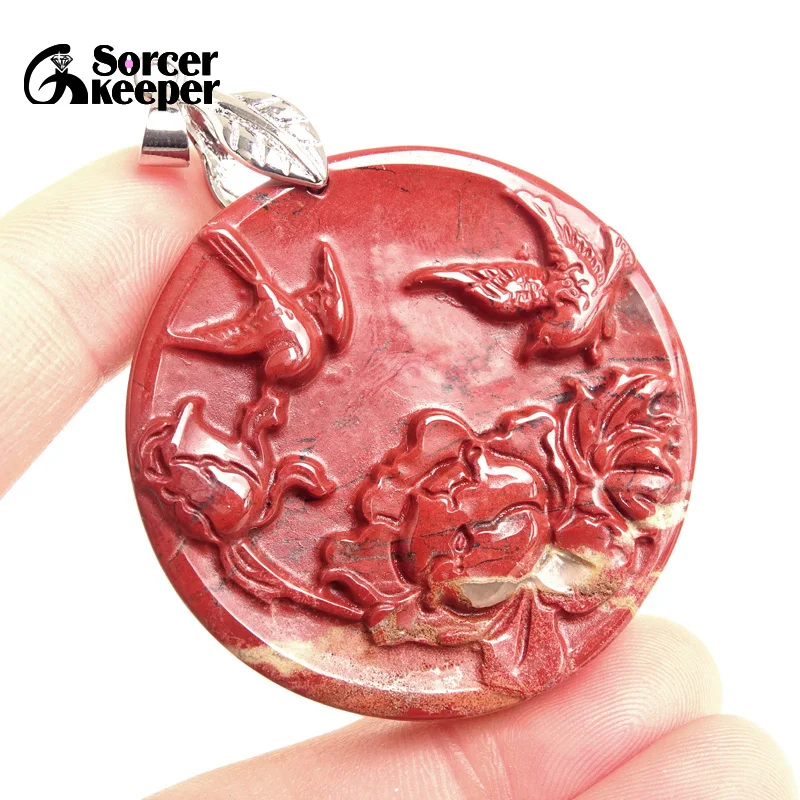 Hand-carved Peony Natural Red jasper Stone Pendant Beads For Women  Sweater Chain Necklace Bloodstone Collar Jewelry BG535