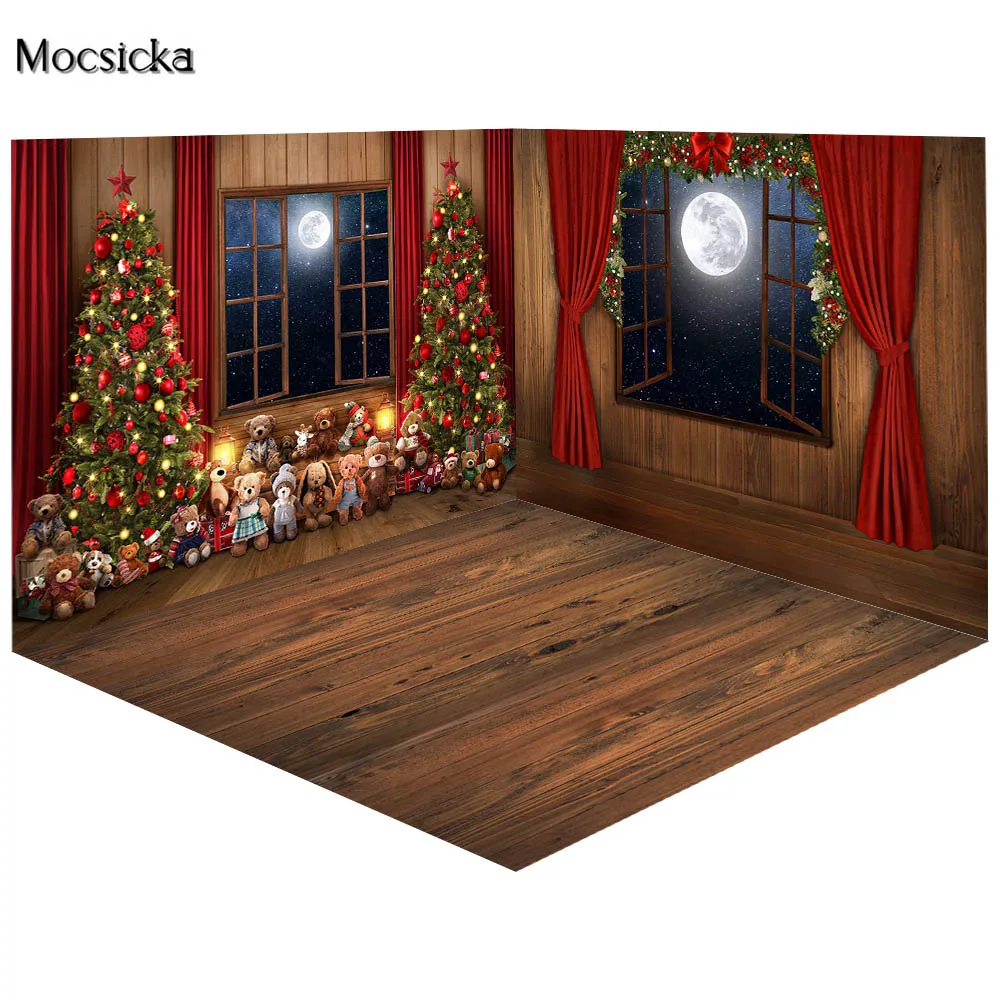 

Mocsicka Christmas Toy Bear Backdrops For Photography Window Board Snow Xmas Tree Child Portrait Background Photo Studio Decor