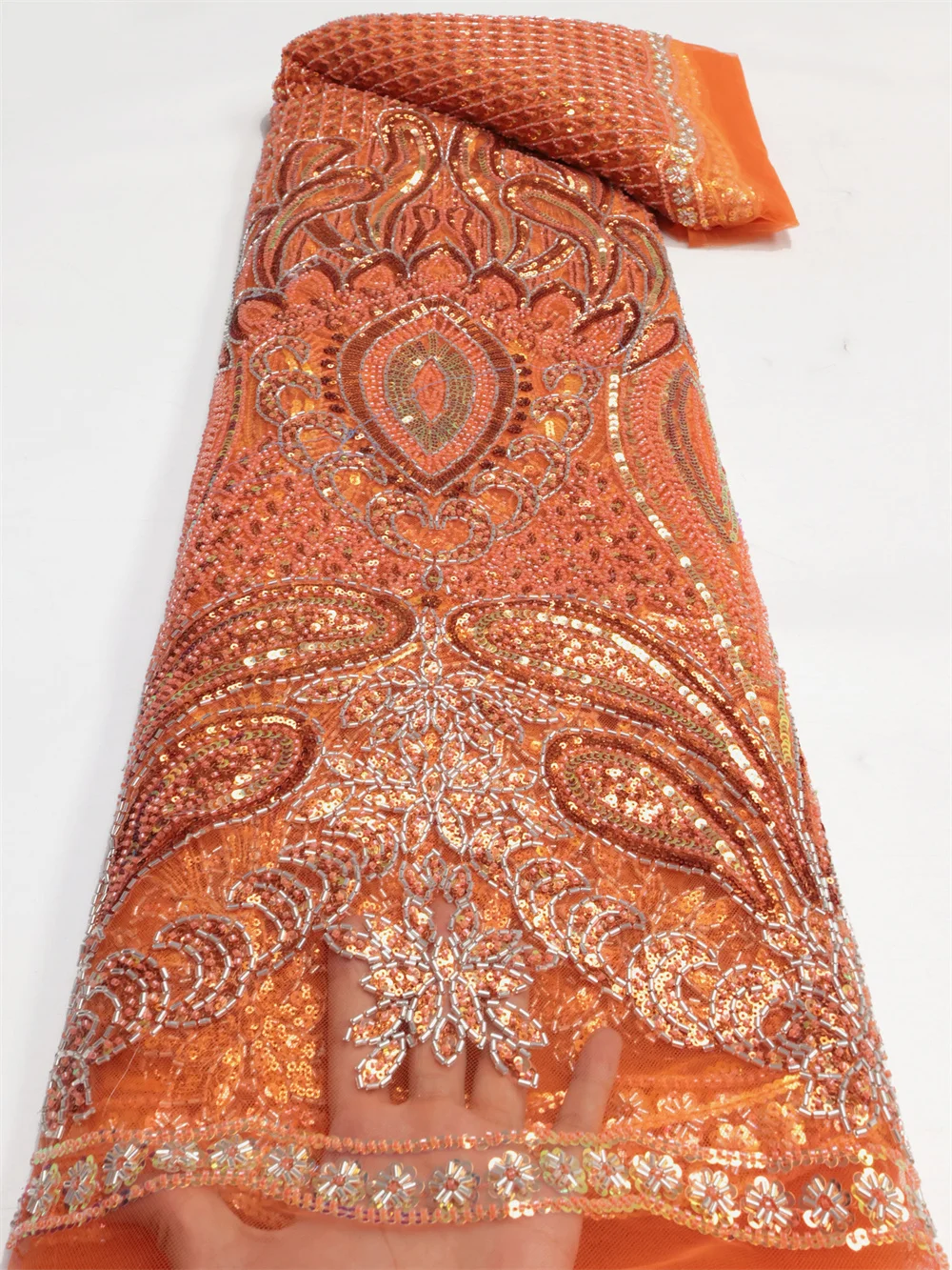 Orange Luxury African Sequins Lace Fabric 2024 High Quality French Nigerian Groom Beaded Lace Fabric For Sewing Dress