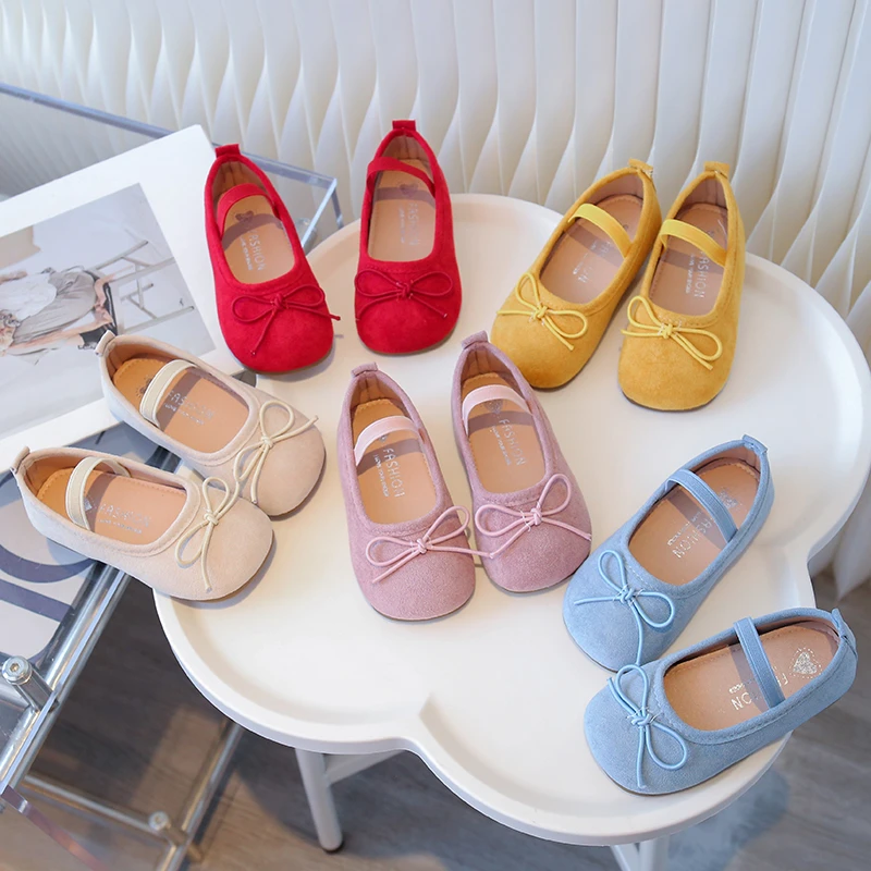 Little Girl'S Princess Shoes Candy Color Bowtie Elastic Band Kids Flat Shoe Suede Sweet Slip-On Comfy Autumn Children Shoe 21-30