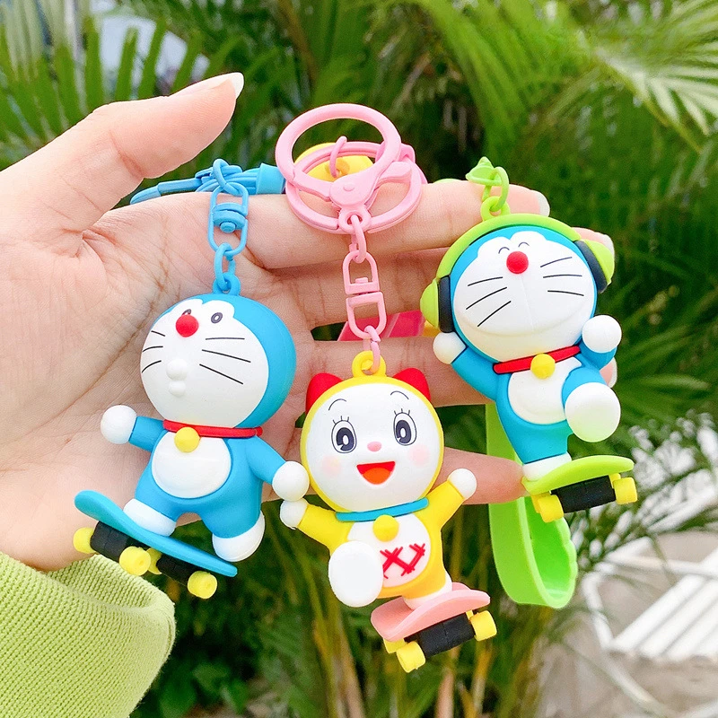 Doraemon Cool Skateboarding Cartoon Robot Cat Keychain PVC Statue Action Figurine Desk Collectible Anime Model Toys Figures Gift