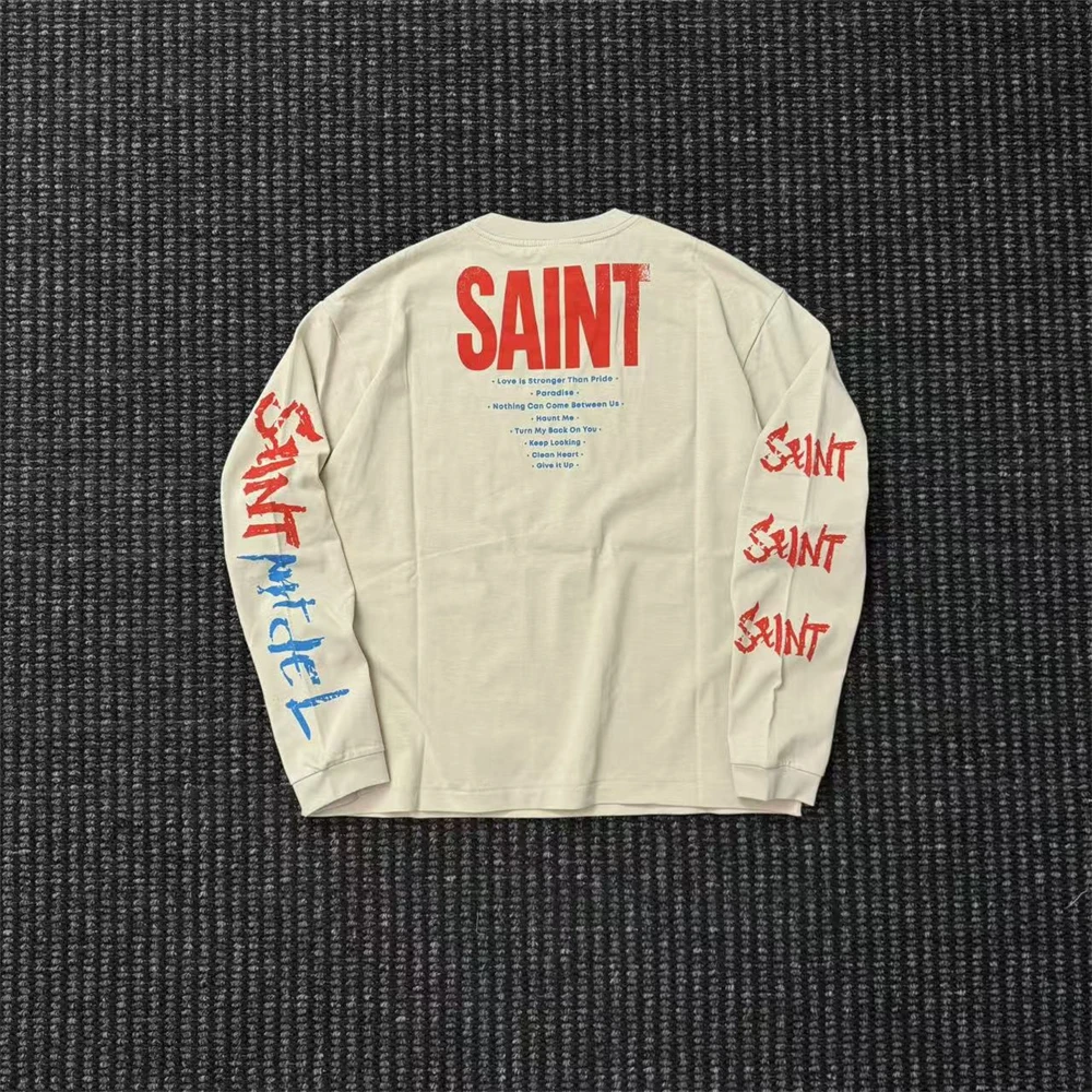 Saint of Michael Portrait Print Long Sleeved Graffiti  Letter American Vintage Washed Oversized T-shirt Men Women High Street