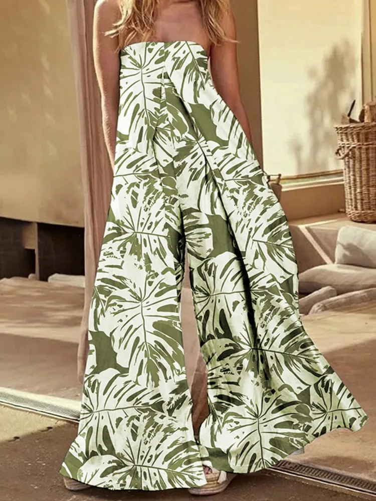 Yeezzi Women Fashion Leaves Printed Pockets Wide Leg Tube Jumpsuits 2024 New Summer Sleeveless Strapless Loose One Piece Outfits