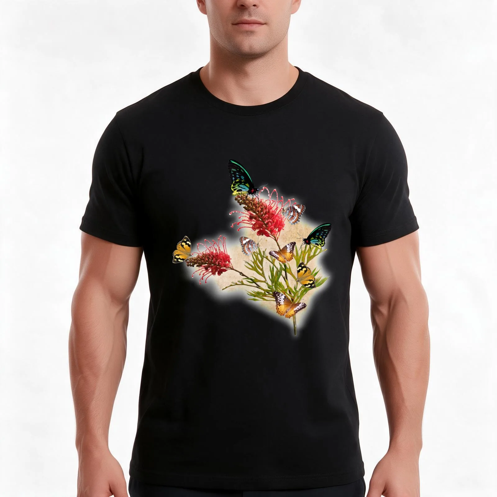 Bunch of Butterflies on Grevillea tan background T-Shirt, Summer Casual Cotton Tee, Oversized Streetwear Tops, Unisex Men Women