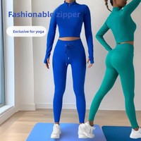 Fitness Yoga Set Pure Color Fashion Zipper Long Sleeve Drawstring Sports High Elastic Long Pants Women's Two-Piece Workout Outfi