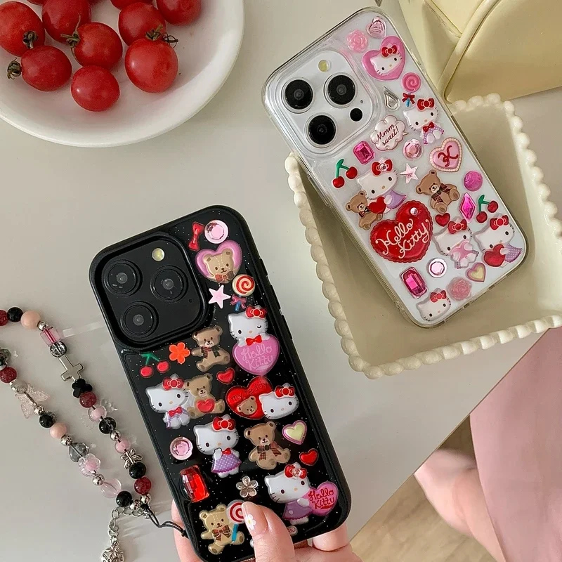 3D sevimli karikatür Sanrio Y2K Hello Kitty Sticker Bling Glitter telefon kılıfı için iPhone 15 14 13 12 11 Pro Max şeffaf yumuşak kapak