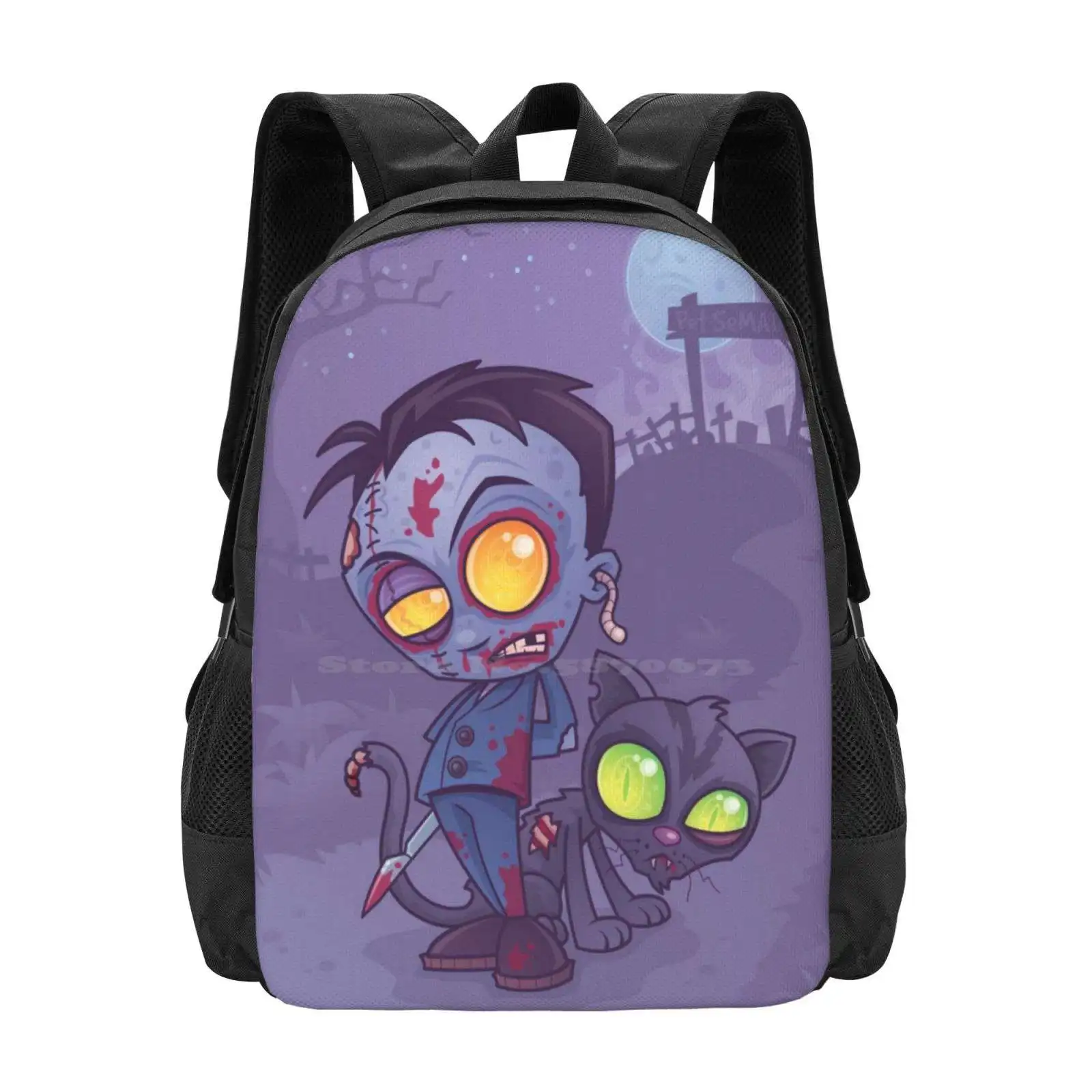 Gambar pola modis pemakaman hewan peliharaan tas ransel sekolah Laptop Travel ransel Monster seram kartun Zombie vektor hantu kucing