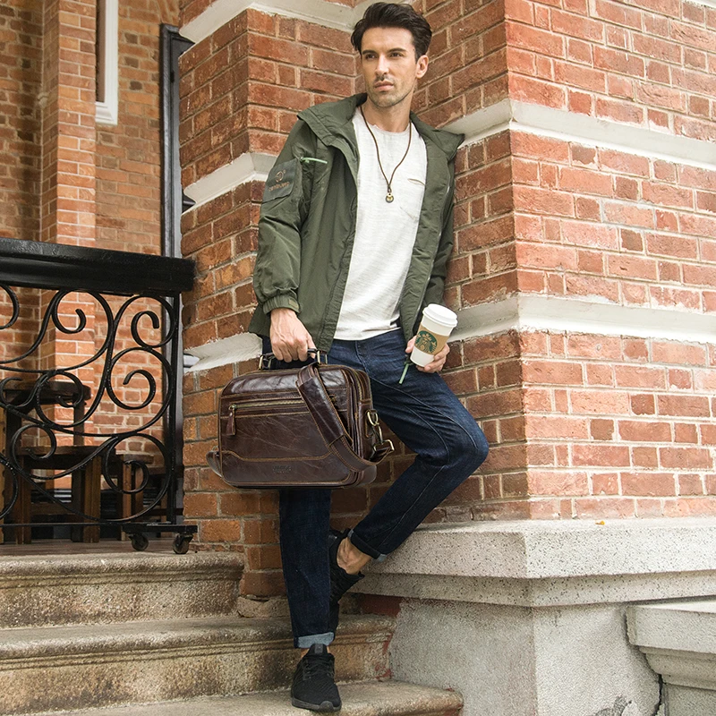 CONTACT'S Genuine Leather Sling Shoulder Bag for Men High Quality Crossbody Messenger Bags Small Briefcase Male Tote Handbags