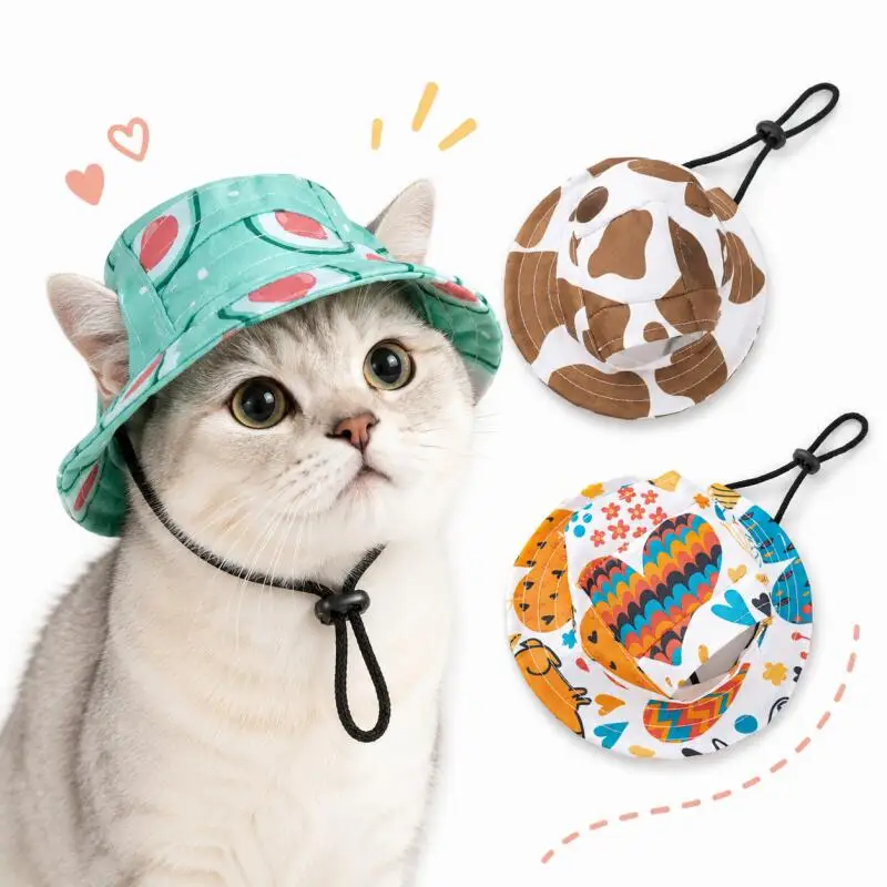 Cute Printed Pet Fisherman Hat Adjustable Chin Strap Sun Protection Cap For Small Cat Puppy Outdoor Walking Summer Beach Pet Cap