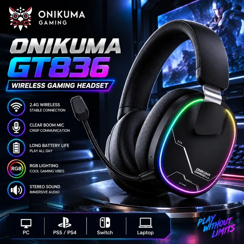 ONIKUMA GT836 Wireless Gaming Headset 2.4G RGB Boom Microphone Low Latency Stereo Audio For PC PS5 Switch Esports Gamer Online