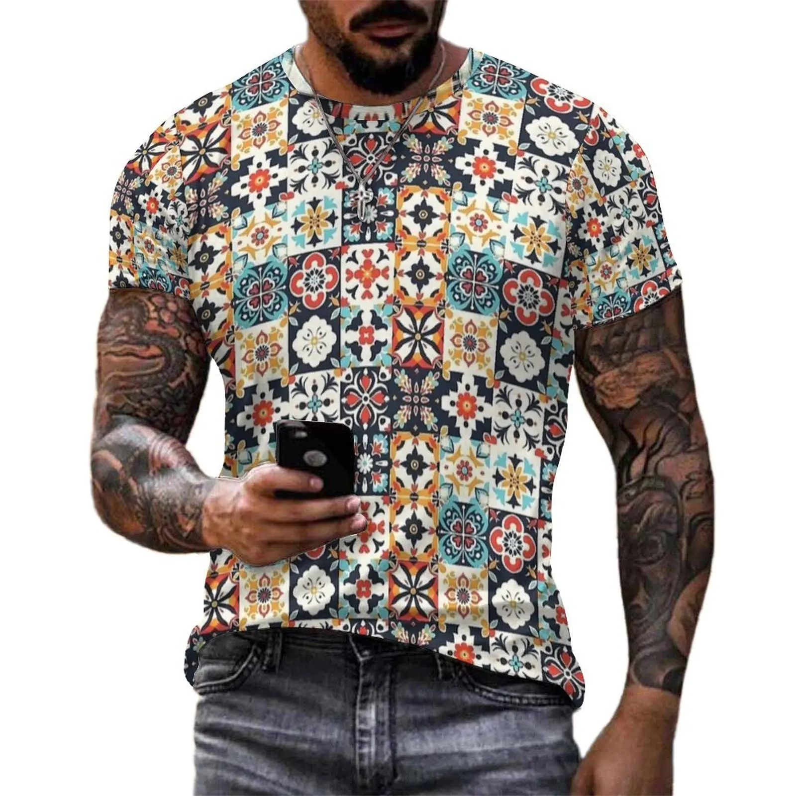 Retro Ethnic Majolica Tile Print T-Shirt  Hip Hop T-Shirts Man Funny Tshirt Premium Short Sleeve Design Top Tees Plus Size 5XL