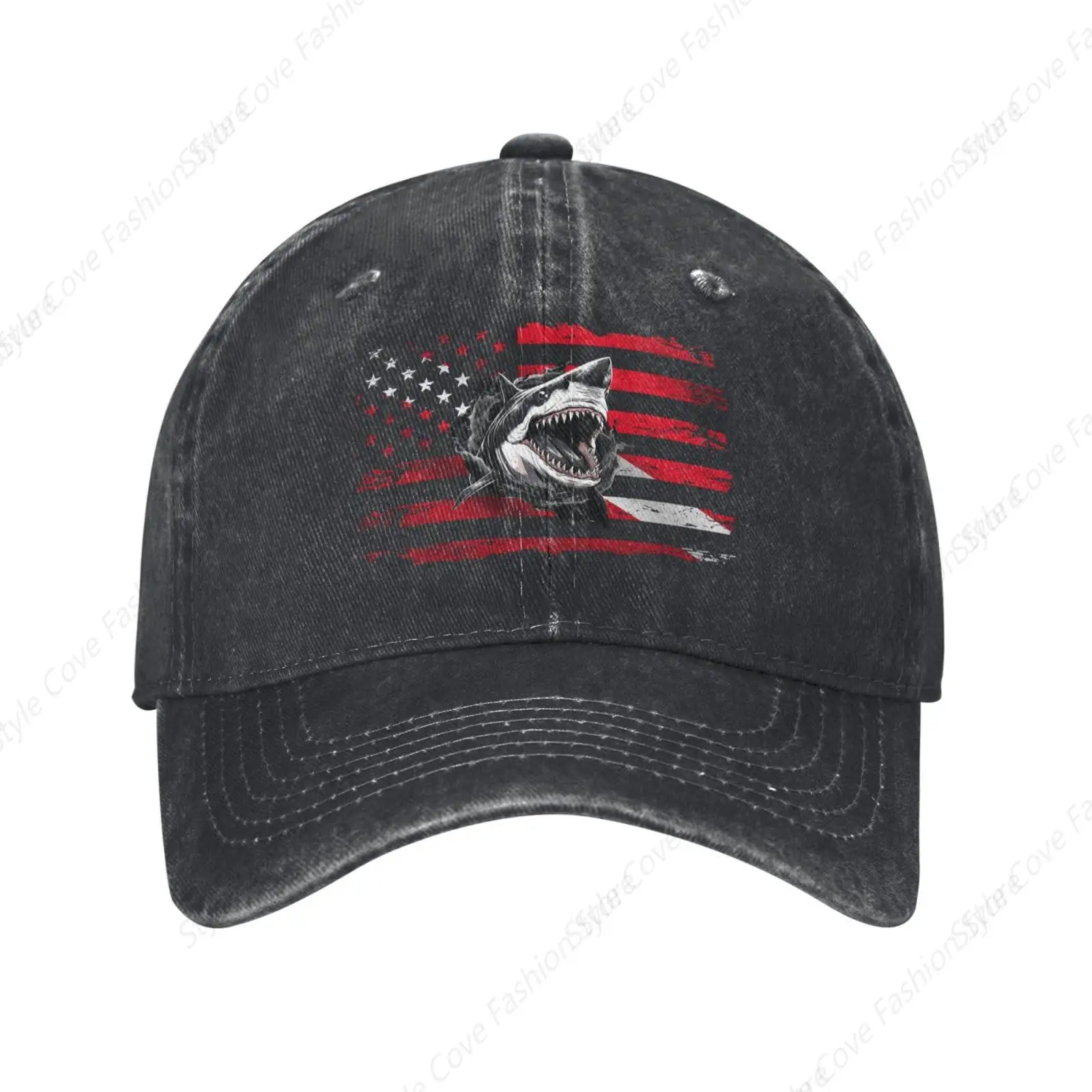 

Vintage Shark Scuba Dive Flag Stylish Washed Denim Baseball Cap Pure Cotton Baseball Cap Fashion Adult Snapback Cap Unisex Cap