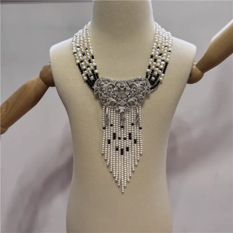 5 Strands White White Keshi Pearl With Black Crystal CZ Necklace