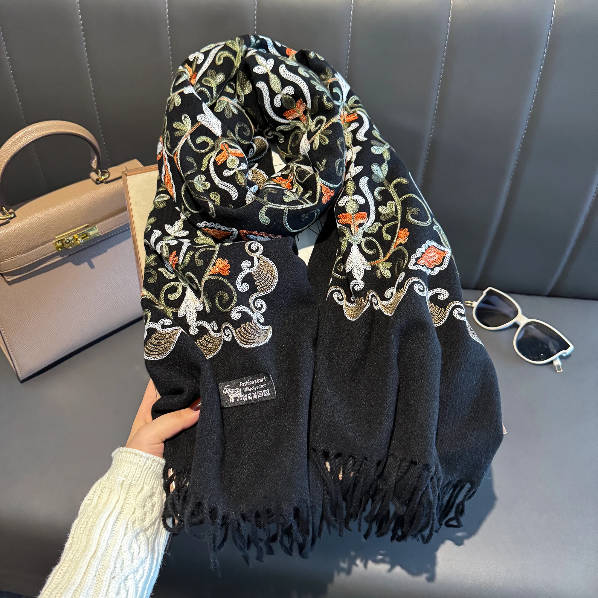 Damski luksusowy zimowy szal modowy, gruby szal podróżny, narzutka, haftowany kwiatowy ciepły szalik na szyję, poncho, pashmina, bufanda