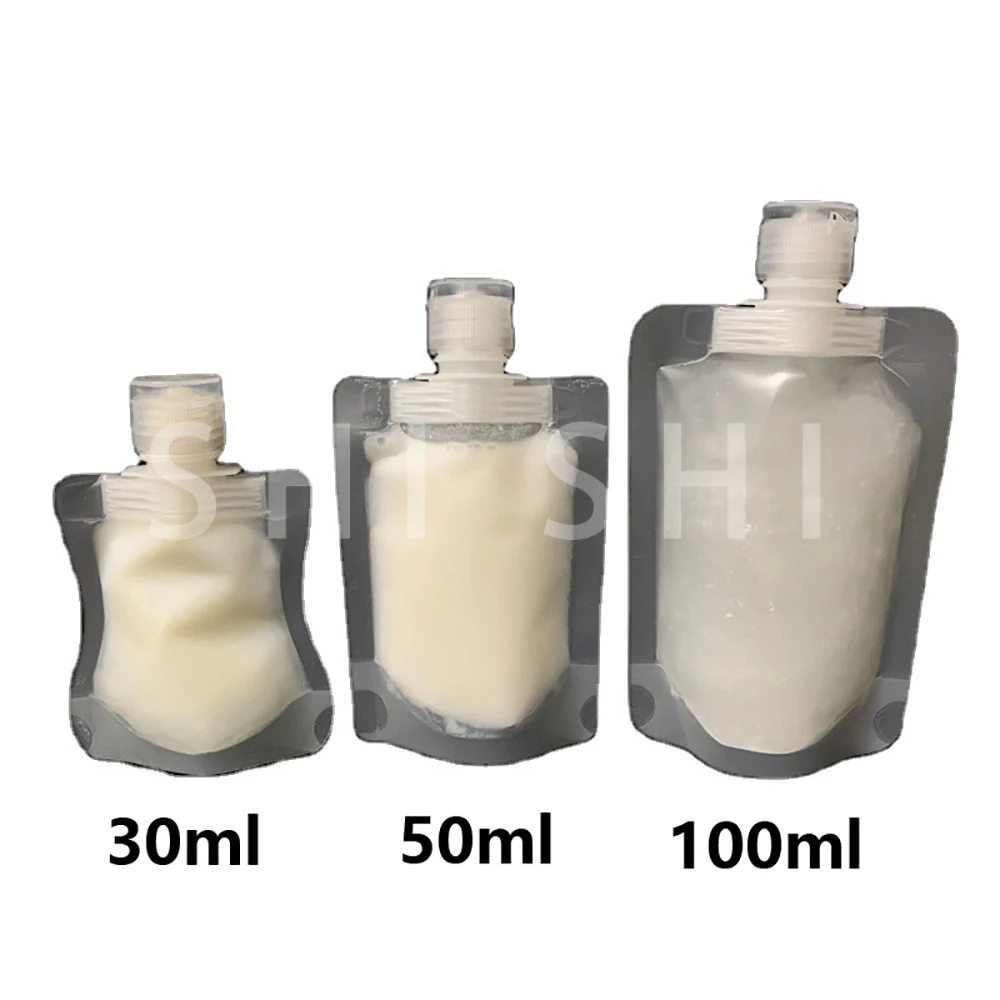 10 Pcs Travel Refillable Clamshell Packaging Bag, Empty Squeeze Plastic Stand Up Spout Pouch for Lotion Shampoo 30ml 50ml 100ml