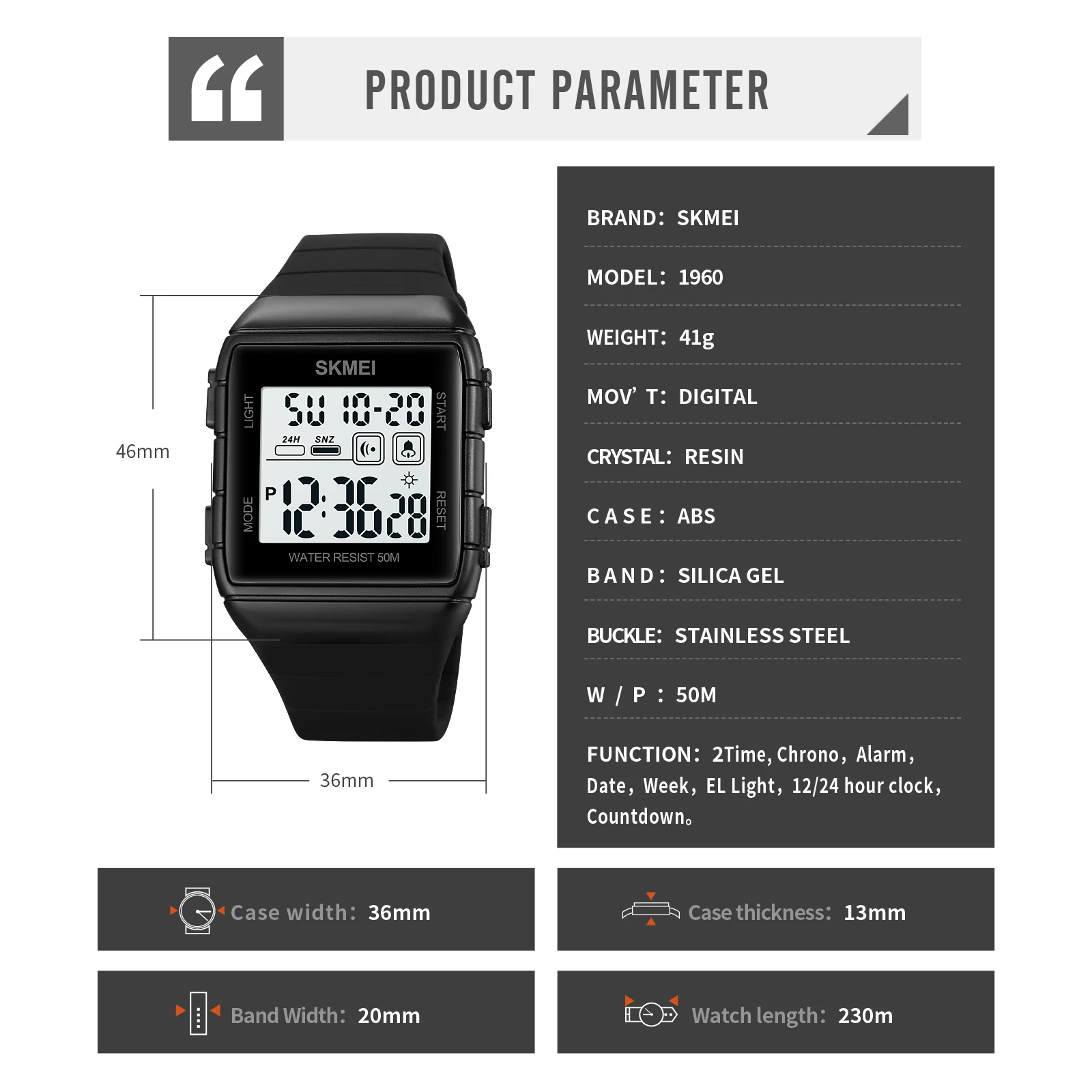 SKMEI-Relógio Eletrônico Masculino de Esporte, Dual Time, EL Light Display, Relógio Digital, Relógio, Impermeável, Eletrônico, 50m