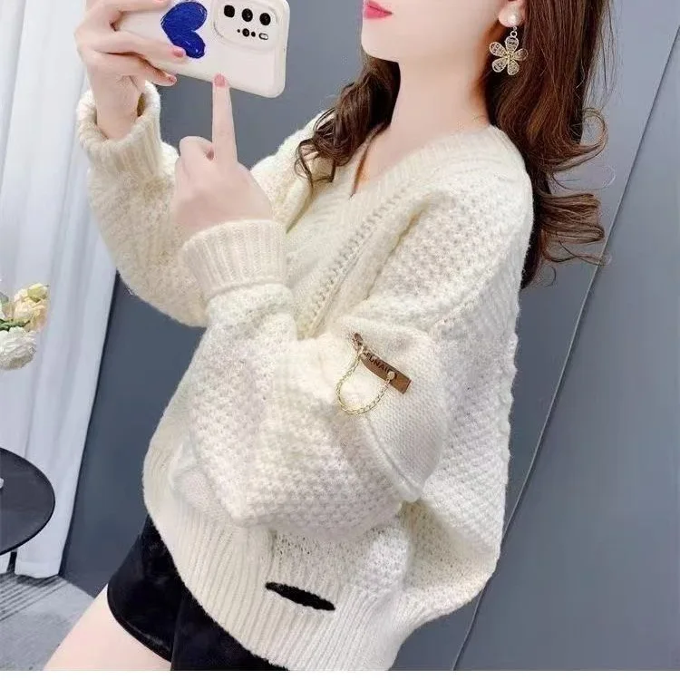 Camisola de malha v-ne feminina solta torção ort sle outono inverno nova chegada coreano sle buraco design casual faion