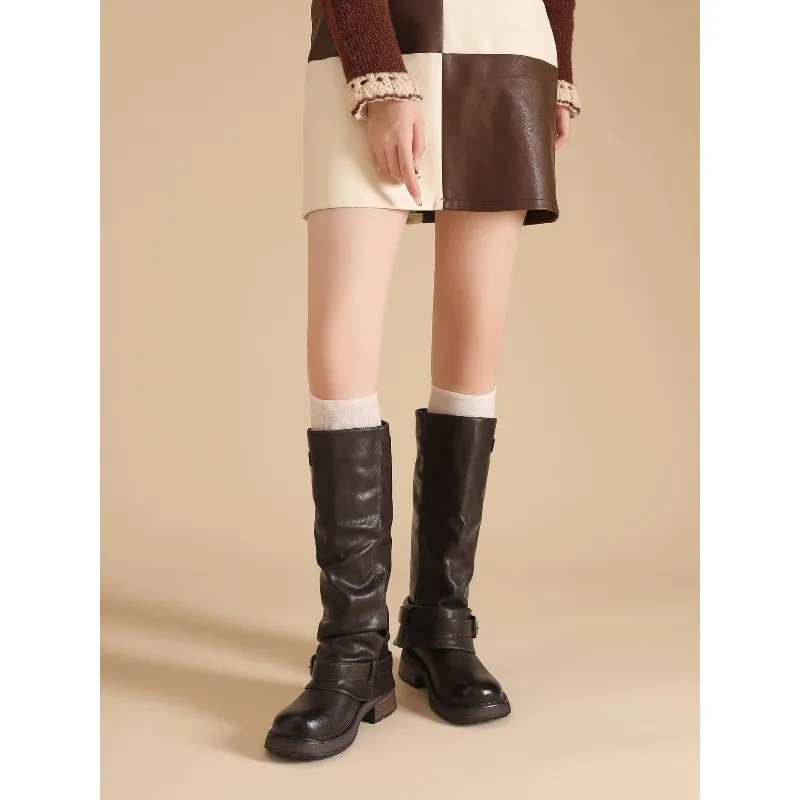 المرأة الركبة عالية كعب سميك المألوف الشرير القوطية جديد روك الجلود المألوف أحذية نسائية دراجة نارية أحذية مريحة #4