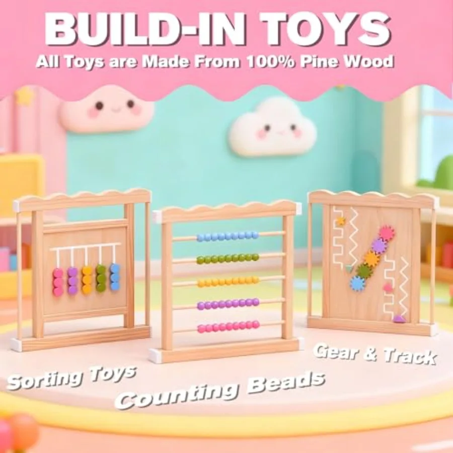 روضة أطفال 57 × 57 × 25 مقاس قابل للتعديل وشكل روضة أطفال خشبية مع أكياس تخزين من خشب الصنوبر الطبيعي قابلة للطي P