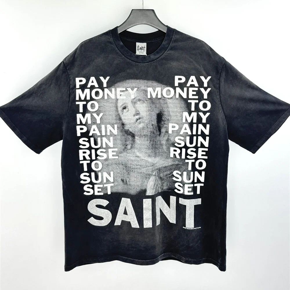 

SAINT OF MICHAEL Fashion Streetwear American Style Vintage Printed Tee 100%Cotton Summer Tops Loose Oversize T Shirt For Men