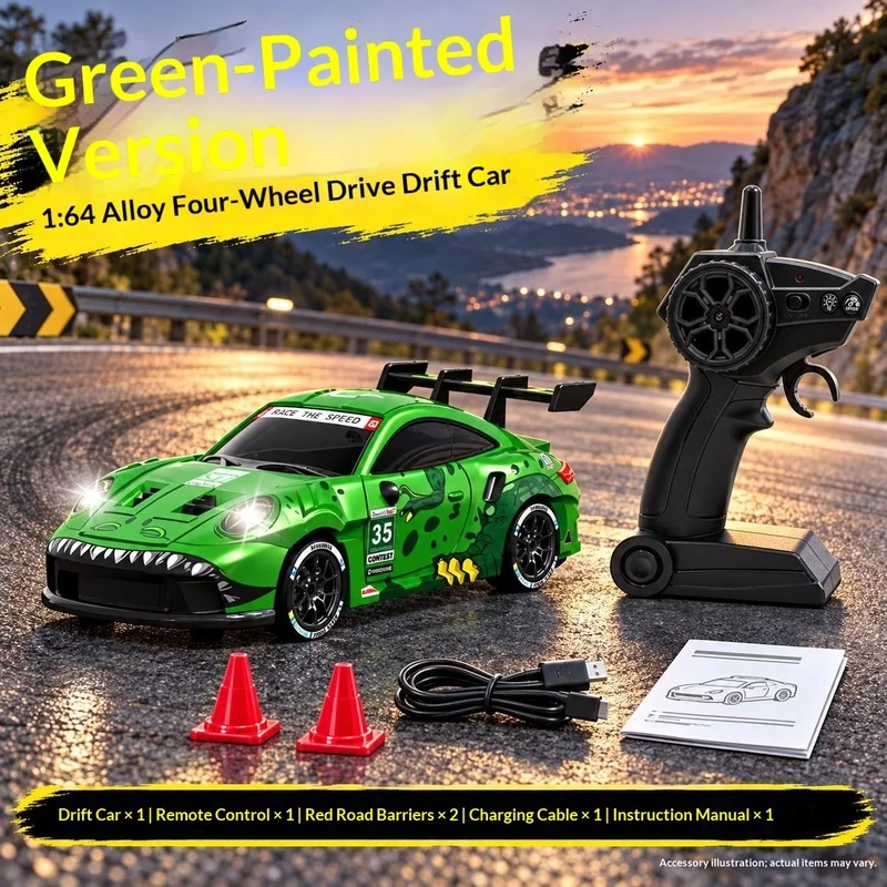 1:64 RC Drift Car Mini 4WD 2.4GHz Full Proportional Remote Control Racing Car with LED Lights Rechargeable Desktop Toy Gift