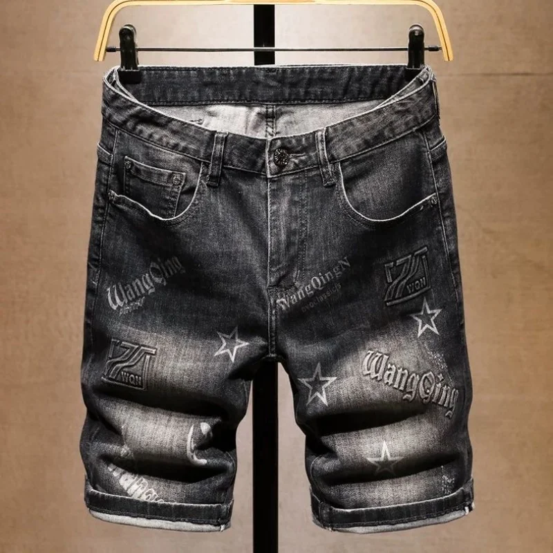 

Summer New Fashion Trendy Print American Vintage Straight Fit Denim Shorts Men's Casual Loose Sport Elastic Jeans 28-36