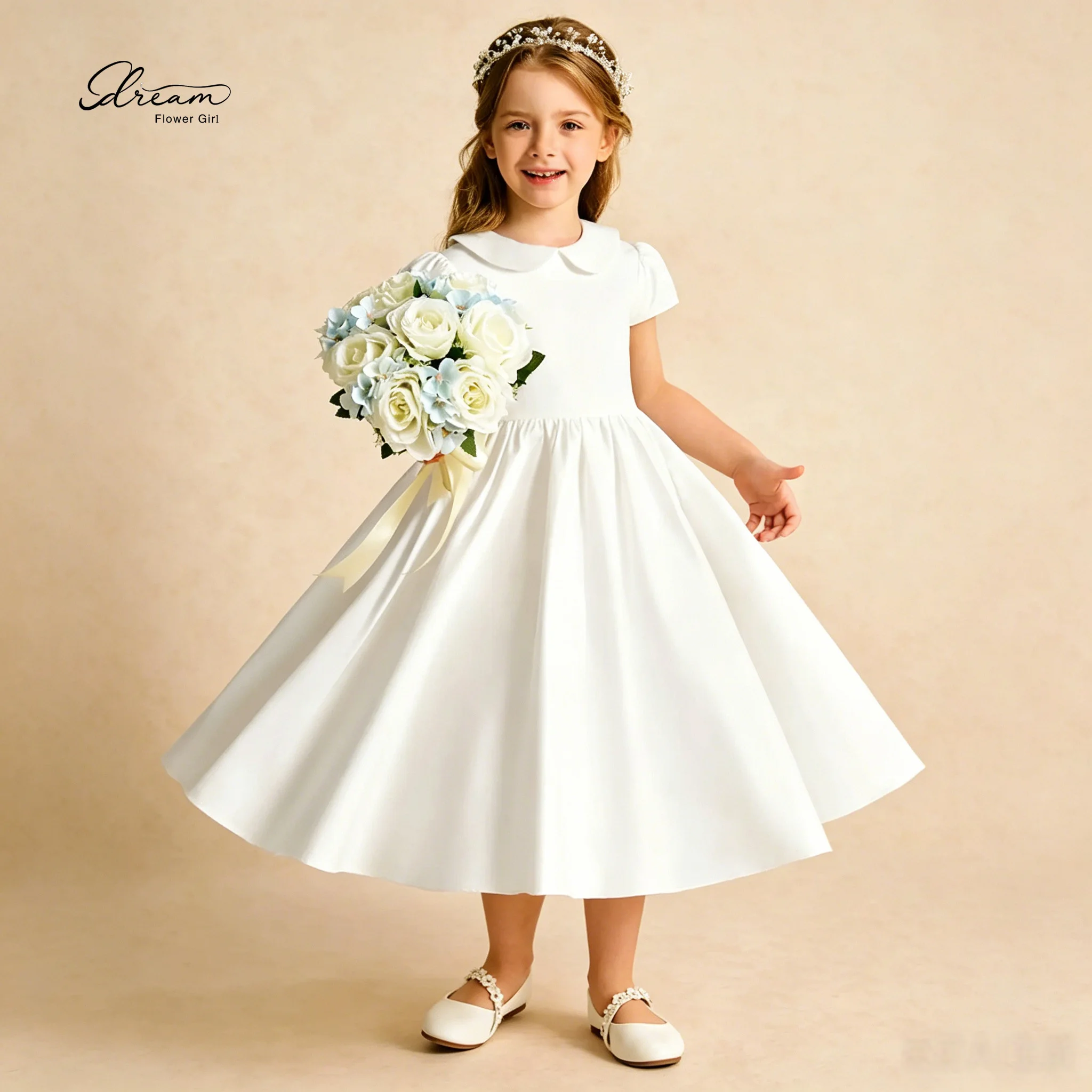 Cute White Princess-Sleeved Round-Neck Knee-Length Formal Dress for Flower Girls Exquisite Elegant Design