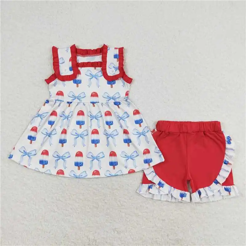 wholesale 4th of July summer western boutique clothing for baby girls clothes Ice cream bow red lace sleeveless shorts outfits