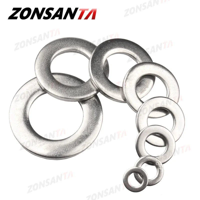 ZONSANTA Podkładka płaska M2 M2.5 M3 M4 M5 M6 M8 M10 M12 M14 M16 Podkładki mezonowe ze stali nierdzewnej 304 Podkładki płaskie Podkładki dystansowe