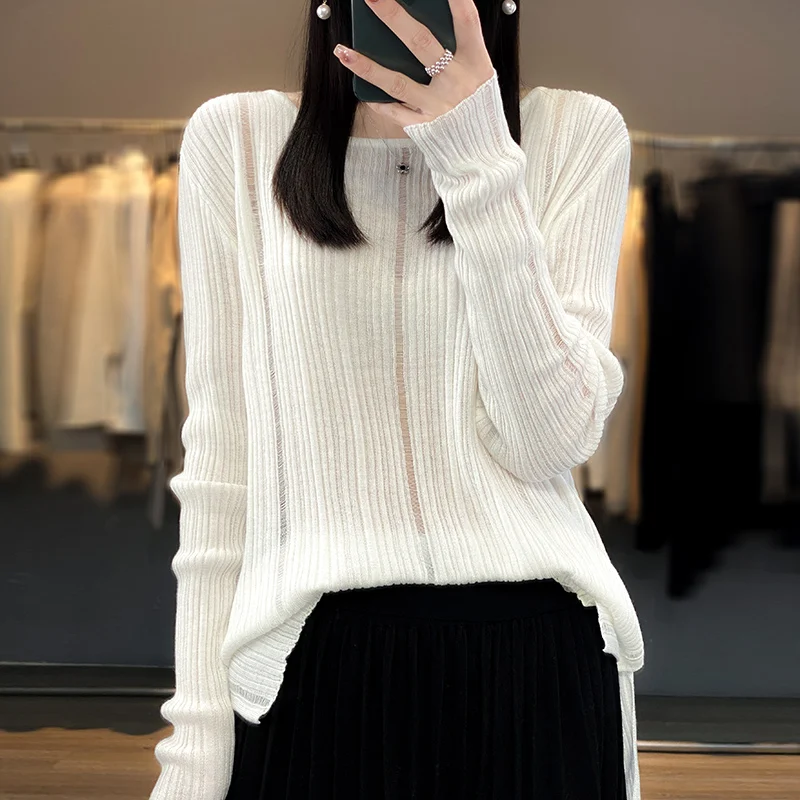 فضفاضة تناسب طويلة Sve جولة Ne محبوك قاعدة طبقة أعلى المرأة رقيقة لون نقي Faionable الحماية من الشمس التستر irt