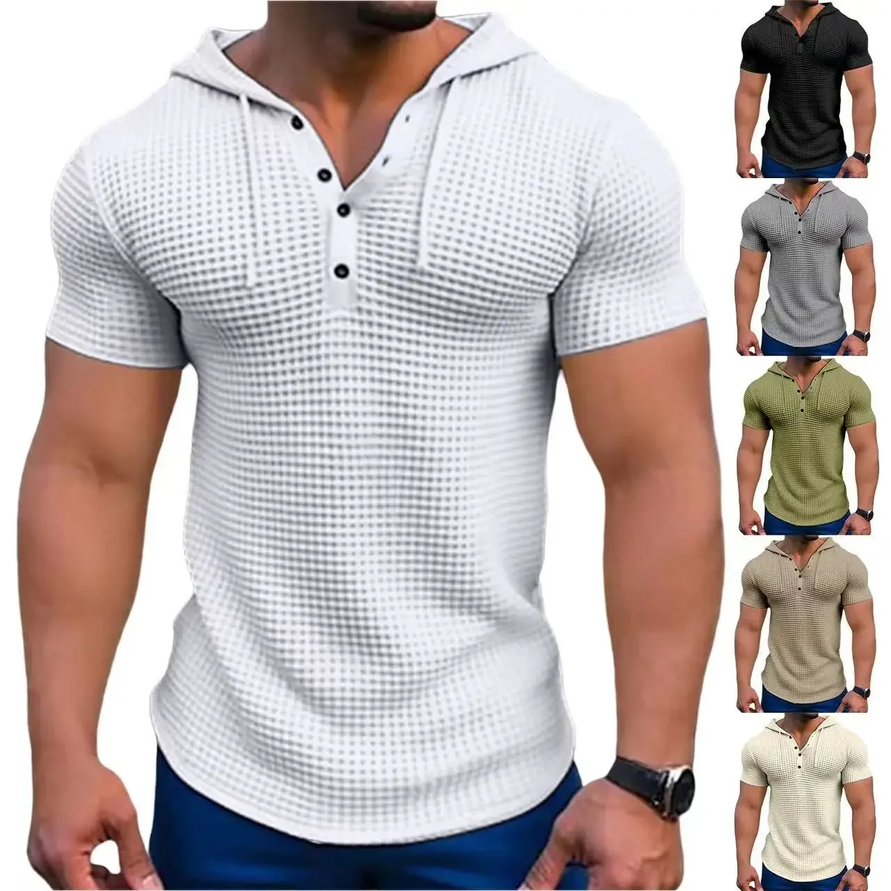 Men Sand Beachwear Waffle Hoody T-shirts Summer Button Tie Collar Hooded Pullover Tee Tops YYCFS-WX-88