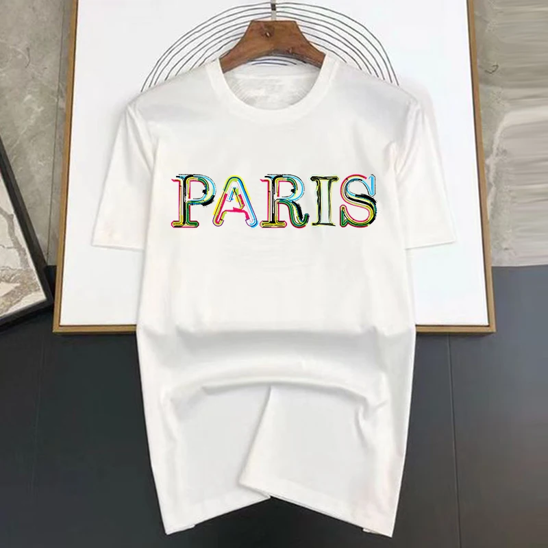 Paris Letter Print Short Sleeved T-shirt Men Simple Y2k Sweatshirt Street Casual TShirt Woman Tops Cartoon Chinese Style