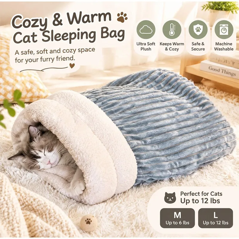 Katzenschlafsack, warm, flauschig, geschlossener Tunnel, Katzenbett für Hauskatzen, Katzenhöhlenbett, gemütliches, selbstwärmendes Haustierbett für Kätzchen – Detail 3