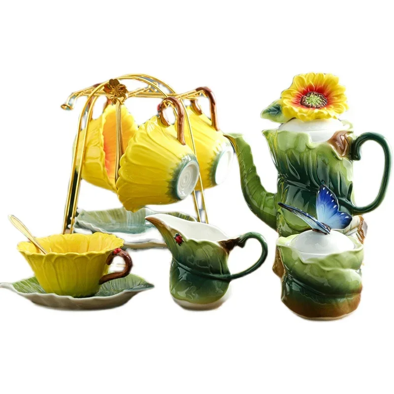 Pastoral Flower Series Afternoontea Drinkware With Cups Holder Enamel Craft Ceramic Tea Set Crockery Coffee Cup And Saucers