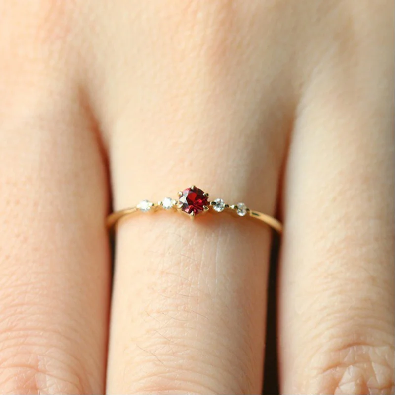 925 Sterling Silver French Simple Red Crystal Ring Women Small Cute Proposal 18k Gold Plated Jewelry Girlfriend Gift