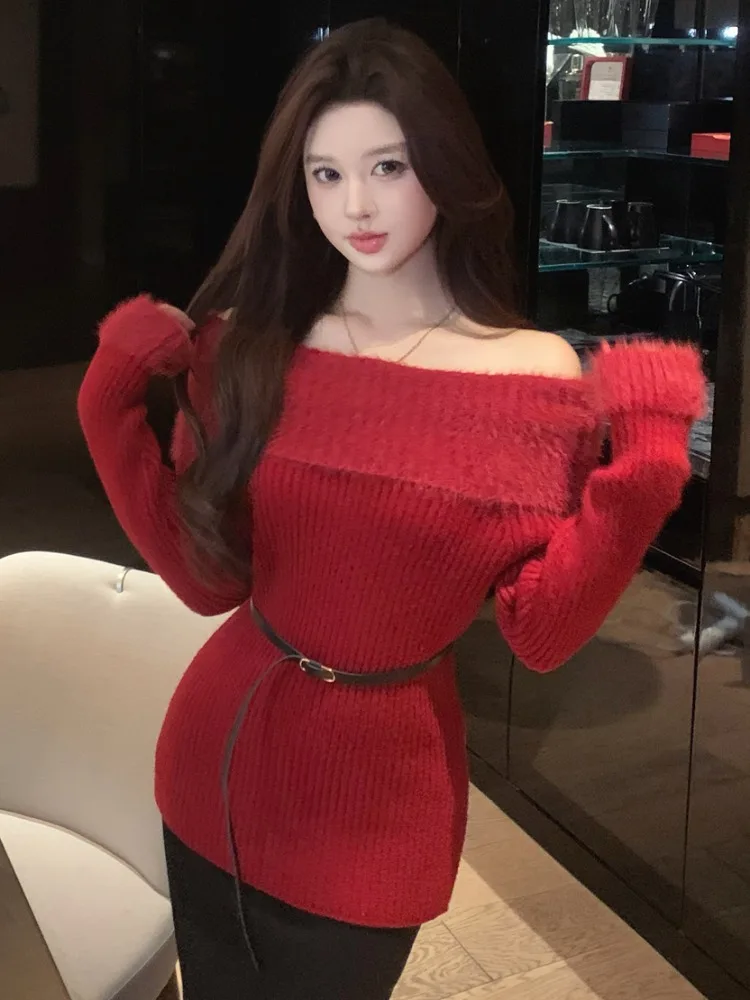 

Red Sexy One-Shoulder Long Sleeve Dress Women's Winter New Style Spicy Girl Knitted Dress Slimming Short Skirt Citywalk Skin-...