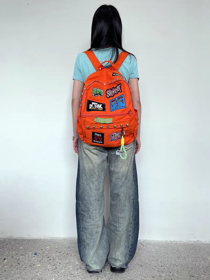 Y2K Punk Rock Subculture Backpack with Embroidery Rivets Large Capacity College Student Original Spicy Trendy Backpack