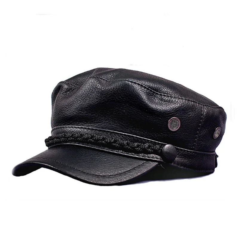 Fashion 100% High Quality Genuine Leather Unisex Military Hat  Outdoor First Layer Cowhide Leather Hat Army Hat Women Spring