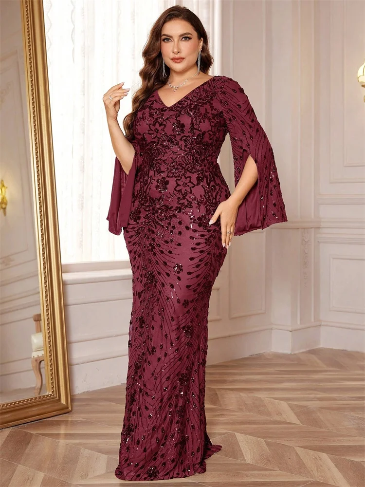 Lucyinlove Plus Größe Luxus Schwarz Abendkleider Frauen Schlitz Langarm Meerjungfrau Formale Pailletten Hochzeit Party Cocktail Kleider – Detail 30