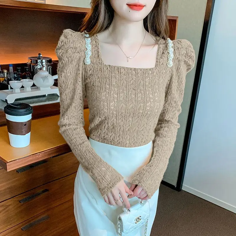 Vintage Lace Hollow Out T Shirts Women Clothing Spring Autumn New Long Sleeve Youth Solid Temperament Tops Tees Fashion Elegant