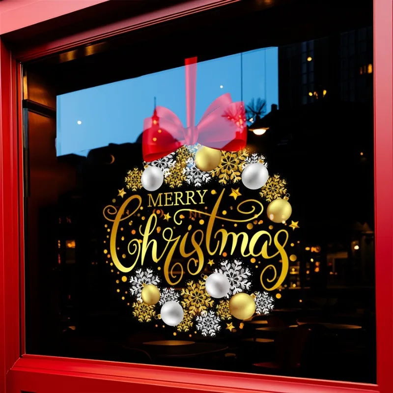1PC 45x60Cm Christmas Decoration Sticker Christmas Window Sticker Containing Bow Snowflake Merry Christmas Element Pattern
