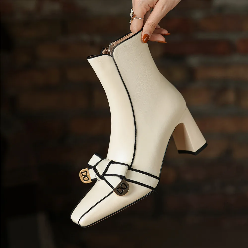 Dilalula 2025 French Style Genuine Leather Butterfly Knot Ankle Boots Women Thick High Heels Office Ladies Autumn Party Boots - Image 5