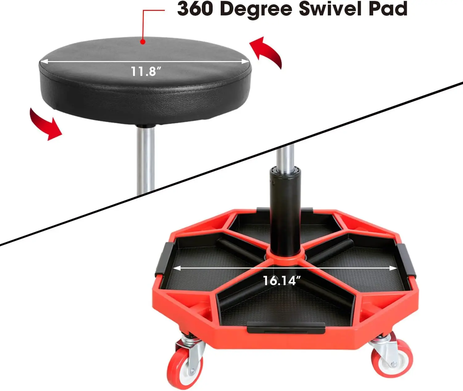 Adjustable Height Pneumatic Rolling Shop Creeper Seat with 4 Removable Tool Trays, 300 lb Capacity