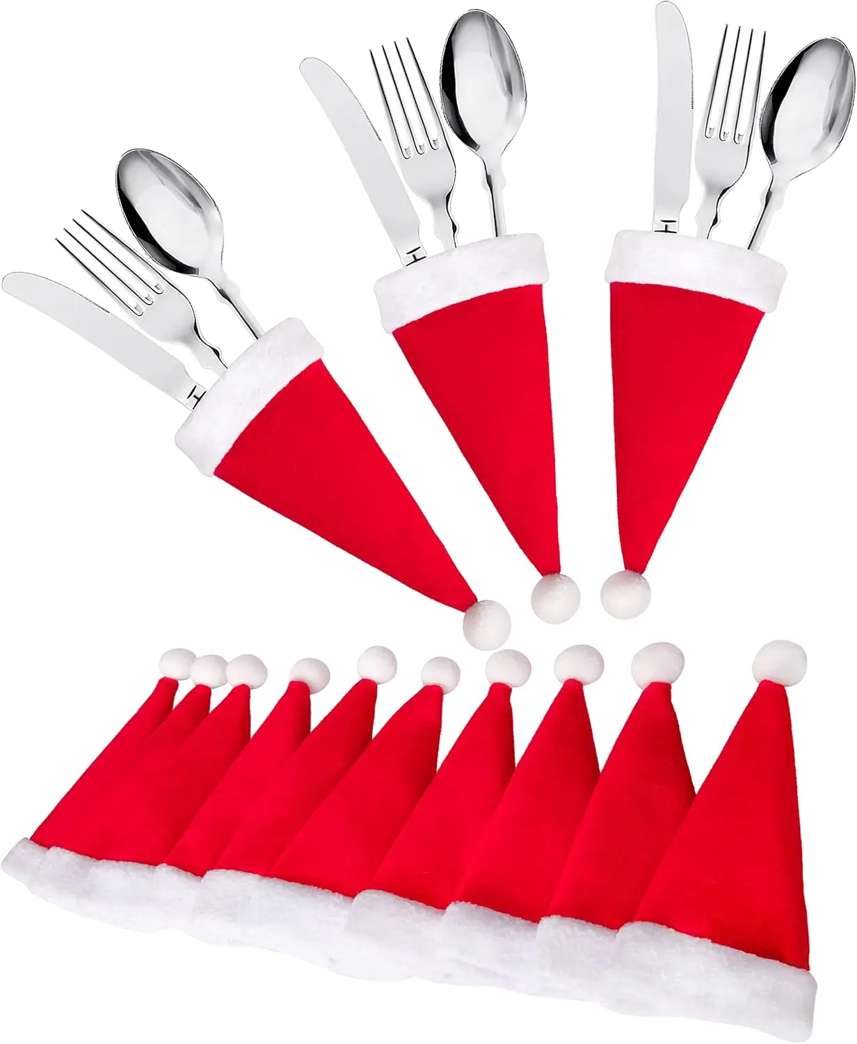 38Ct Christmas Santa Hats Silverware Holders |   Xmas Party,Dinner Table,Dinnerware Decorations Supplies,Flatware Decor