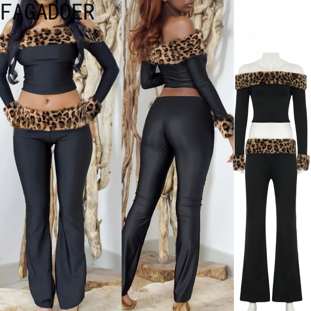 

FAGADOER Autumn New Sexy Leopard Print Woman 2 Piece Set Outfit Off Showlder Fur Patchwork Crop Top and Pants Female Streetwear