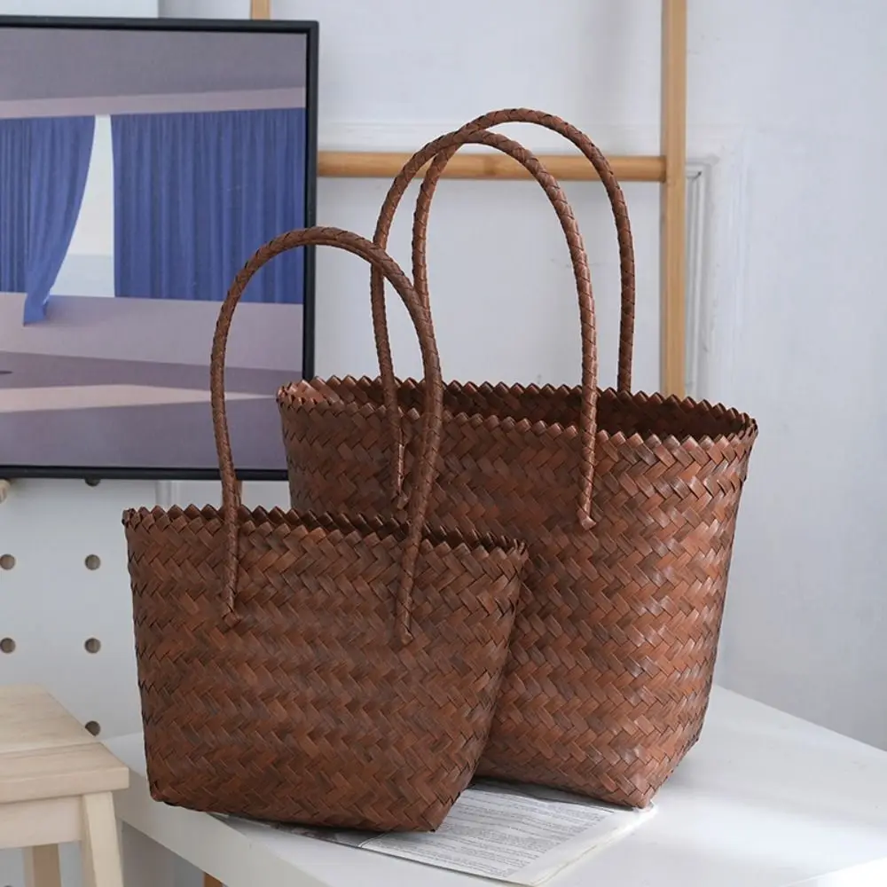 Portable PP Woven Handbags Woven Large Capacity Shopping Tote Bags Bamboo handle Hollow Crochet Bag Female